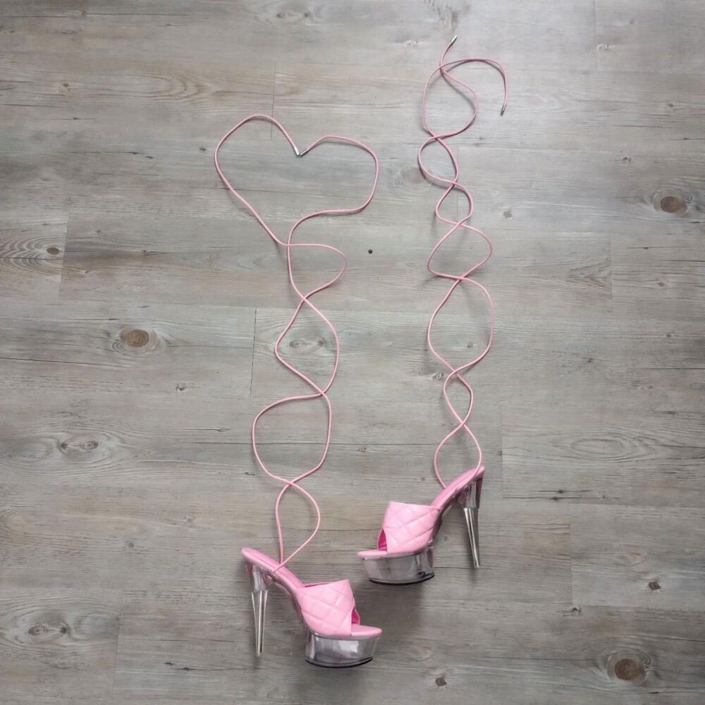 Pink Lace-Up Quilted Bimbo Platform High Heels